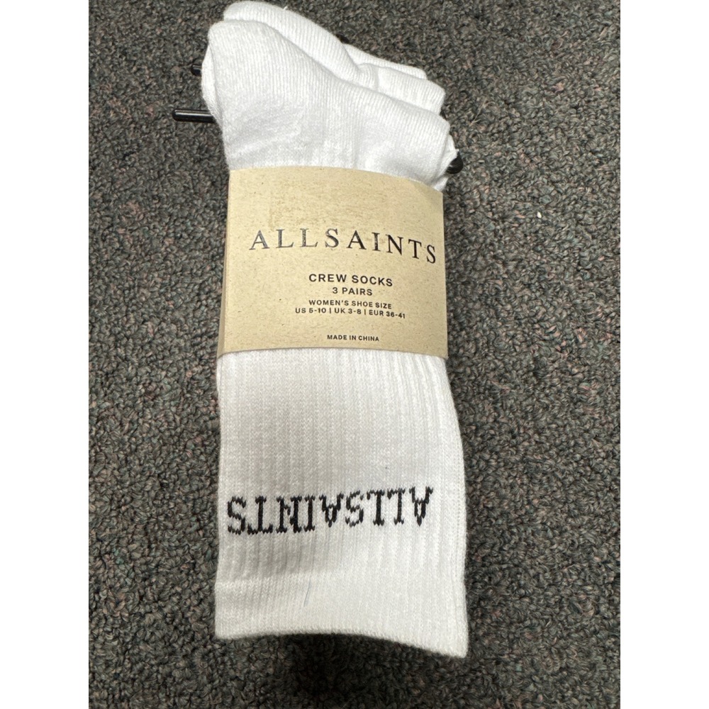AllSaints Women Crew Socks 3 Pairs White Black Logo Cotton Blend US 5-10 NEW